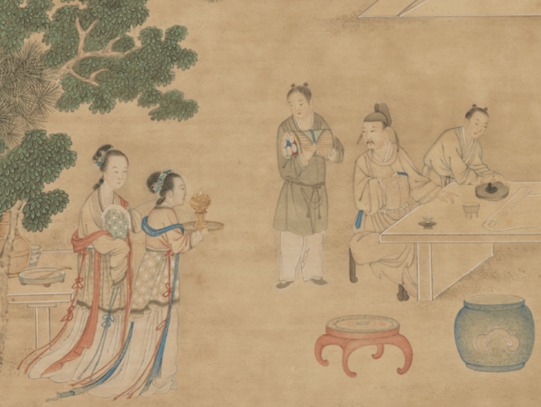 Proverbe chinois : Tenir le plateau à hauteur des sourcils. (Les aristocrates se réunissent au West Garden, peint par Ding Guanpeng, Dynastie Qing (清朝,1644 - 1912) (Image : Musée national du Palais, Taipei / @CC BY 4.0)