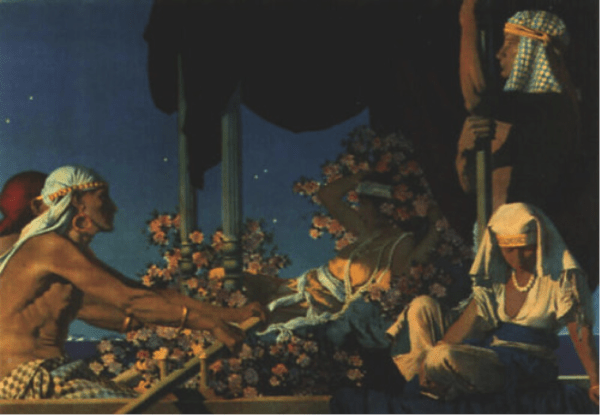 «Cléopatre», Maxfield Parrish. Sa série d’images pour  Crane’s Chocolate, qui décorait les emballages et les boîtes avec des thèmes orientaux. De nombreuses personnes les ont collectionnées comme des œuvres d’art. (Image:Domaine Public)