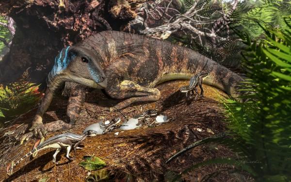 Représentation d'artiste d'un dinosaure ornithopode qui garde son nid. (Image: James Kuether)