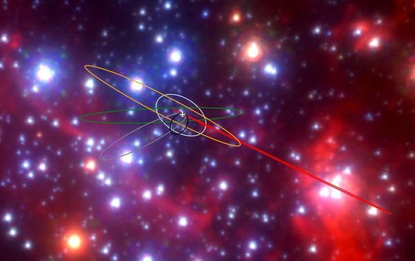 Orbites des objets G au centre de notre galaxie, avec le trou noir supermassif indiqué par une croix blanche. Les étoiles, le gaz et la poussière sont à l'arrière-plan. (Image: Anna Ciurlo, Tuan Do/UCLA Galactic Center Group)