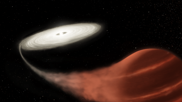 Cette illustration montre un système de nova naine récemment découvert, dans lequel une étoile naine blanche arrache de la matière à un compagnon nain brun. La matière s'accumule dans un disque d'accrétion jusqu'à ce qu'elle atteigne un point de basculement, ce qui provoque une augmentation soudaine de sa luminosité. En utilisant les données d'archives de Kepler, une équipe a observé une intensification progressive, inédite et inexpliquée, suivie d'une super explosion au cours de laquelle le système s'est é