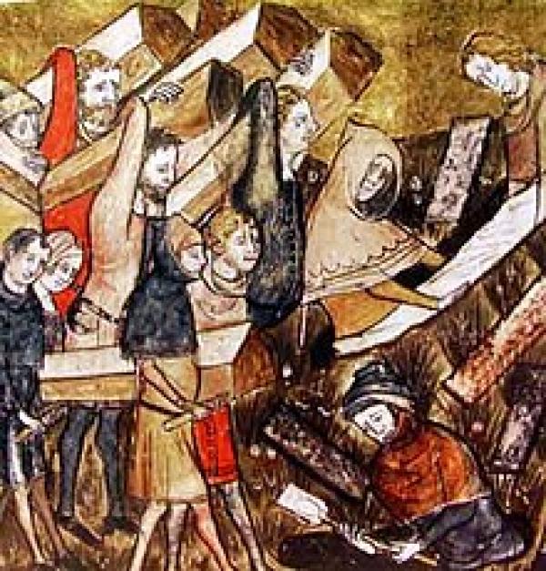 Peinture du XIVe siècle représentant un enterrement massif de victimes de la peste dans la ville de Tournai. (Image : wikimedia / CC0 1.0)
