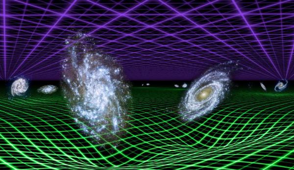 La théorie actuelle de l’expansion de l’univers nécessite que la gravité (grille verte), qui a un effet de ralentissement, soit contrebalancée par l’énergie noire (grille violette), qui l’accélère. (Image : NASA)