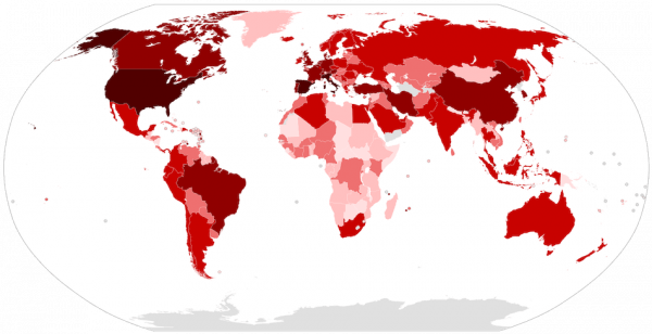 Expansion du virus SARS-CoV-2 dans le monde au 4 avril 2020. (Image : Wikimedia /BlankMap-World.svg / CC BY-SA)