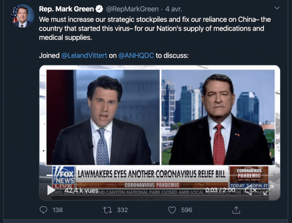 Mark Green a déclaré sur Fox News que Pekin aurait négocié avec la France le choix de Huawei pour la 5G contre un milliard de masques. (Image : Capture d’écran Twitter)