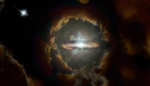 Impression d’artiste du disque de Wolfe, une galaxie à disque rotatif massive dans le premier univers poussiéreux. La galaxie a été découverte initialement lorsque ALMA a examiné la lumière d’un quasar plus éloigné (en haut à gauche). (Image : NRAO / AUI / NSF, S. Dagnello)