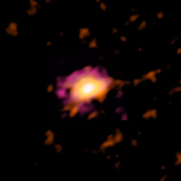 Image radio ALMA du disque de Wolfe, vue lorsque l’univers n’avait que 10% de son âge actuel. (Image : ALMA (ESO / NAOJ / NRAO), M. Neeleman; NRAO / AUI / NSF, S. Dagnello)