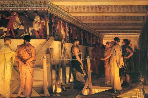 Phidias (au centre) montrant la frise du Parthénon à ses amis, tableau de Lawrence Alma-Tadema, 1868. Le nombre d’or, a été désigné par la lettre φ ou phi, en hommage du sculpteur grec Phidias (Ve siècle av. J.-C.). (Image : wikimedia / Lawrence Alma-Tadema / Domaine public)