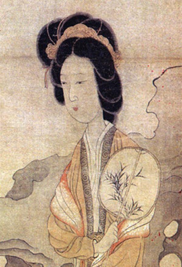 Portrait d'une femme tenant un éventail rigide (ovale) tiré du tableau « Appréciant les prunes » de l'artiste chinois Chen Hongshou. (Image : Wikimedia / CC0 1.0)