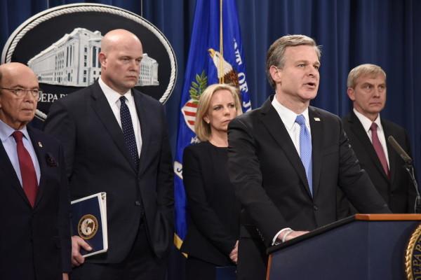 Le directeur du FBI Christopher Wray lors d’un événement annonçant des charges pénales relatives à la sécurité nationale contre le conglomérat de télécommunications chinois Huawei, le 28 janvier 2019.  (Image : Kirill Sharkovski / Unsplash)