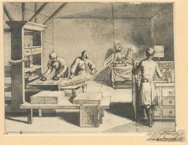 La technique d’impression des caractères mobiles de Gutenberg (Image : wikimedia / Daniel Chodowiecki)