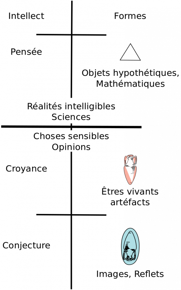 ’analogie de la ligne de Platon : l’opinion se fonde sur le monde sensible tandis que la science se construit sur la connaissance des réalités intelligibles. (Image : Wikimedia / Platón-Vonalhasonlat.svg: Gothika / CC BY-SA)