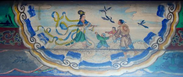 Peinture dans le couloir du palais d’été : Le vacher et la jeune fille tisserande se rencontrent sur le pont de pie. (Image : Wikimedia / shizhao (talk)拍摄，画者不明 / Domaine public)