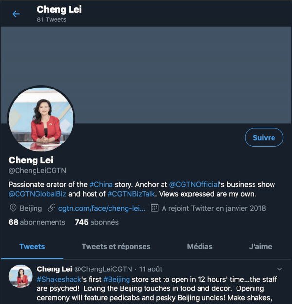 Compter twitter de Cheng Lei. Image : Capture d’écran / Twitter)