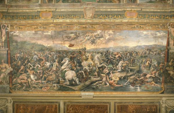 La bataille du pont de Milvius en 312, qui verra la victoire de Constantin Ier grâce à sa vision, avant la bataille : celle de la croix et d’un chrisme. (Image : Wikimedia / Giulio Romano / Domaine public)