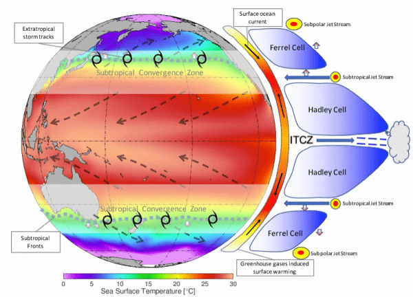 Schéma expliquant le mécanisme de l’expansion des tropiques. L’ombrage indique la température de la surface de la mer, les flèches noires en pointillés illustrent les vents proches de la surface, les taches blanches représentent les zones de convergence subtropicales, et les épaisses lignes grises en pointillés représentent les fronts subtropicaux. Le réchauffement tropical profond maintient la branche montante de la circulation de Hadley, à savoir la ZCIT. Le flux d’air supérieur perd sa flottabilité lorsq