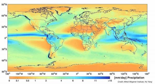 Modèles climatologiques des précipitations mondiales. La partie centrale des tropiques est humide et luxuriante, tandis que les limites des tropiques sont sèches et arides. (Image : Alfred-Wegener-Institut / Hu Yang)