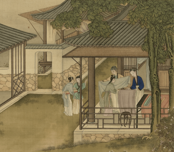 Pendant la dynastie Tang, les femmes fabriquaient des vêtements d’hiver pour leurs maris partis à la guerre. (illustration). (Image : Labour et Tissage, peint par Chen Mei, Dynastie Qing (清朝, 1644 – 1912), Musée national du Palais, Taipei / @CC BY 4.0)