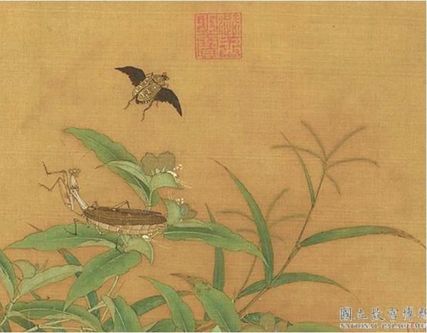 Proverbe chinois : La mante religieuse attrape la cigale, ignorant la pie jaune derrière son dos. (Image : Fleurs, herbes et insectes de l’automne peint par Li Di, Dynastie des Song (960-1279) / Musée Nationale du Palais de Taiwan / @CC BY 4.0)