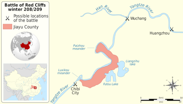 Carte du déroulement supposé de la bataille de la Falaise Rouge. (Image : wikimedia / © Sémhur)