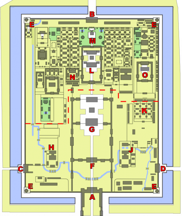 lan de la cité interdite.Les lettres en rouge sont utilisées pour localiser les principaux bâtiments. - - - Ligne de séparation approximative entre les cours intérieure (au nord) et extérieure (au sud). A. Porte du Midi B. Porte de la Prouesse Divine C. Porte de la Gloire occidentale D. Porte de la Gloire orientale E. Tours d'angle F. Porte de l'Harmonie Suprême G. Pavillon de l'Harmonie Suprême H. Pavillon de la Prouesse Militaire J. Pavillon de la Gloire Littéraire K. Trois places du Sud L. Pavillon de la