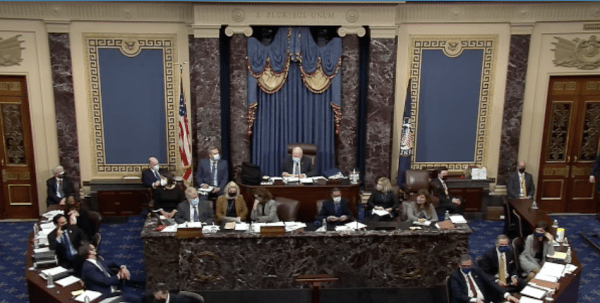 Le procès d’impeachment de Donald Trump au Sénat américain le 12 janvier 2021. (Image : Capture d’écran / @senate.gov)