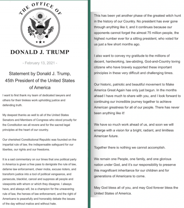 La déclaration de Donald Trump, 45e Président des Etats-Unis, suite à son acquittement le 13 février 2021 dans le procès d’impeachment. (Image : Capture d’écran / Tweeter)