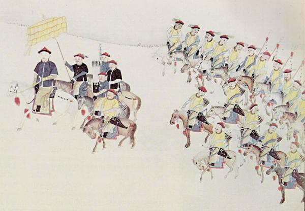 L’empereur Kangxi est monté sur son cheval et accompagné par ses gardes du corps. (Image : wikimedia / Domaine public)