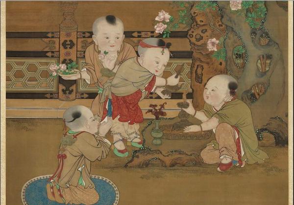 Les enfants portent les cadenas de longévité et versent de l’eau sur la figurine du Bouddha, tradition pour fêter l’anniversaire de Bouddha ayant lieu le 8ème jour du 4ème mois du calendrier lunaire chinois. (Image : Peint par Su Hanchen, dynastie Song / Musée National du Palais de Taïwan / @CC BY 4.0)