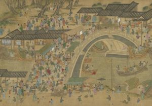 Lors du Festival de Qing Ming et des sorties de printemps, les foules attirent naturellement de nombreux vendeurs à la recherche d’opportunités d’affaires. Cette image est une copie d’Une vision de la rivière Shanghe lors du festival de Qing Ming (Cette peinture est une imitation du &quot;Qing Ming Shanghe Tu&quot; de Qiu Ying). (Image : Musée Nationale du Palais de Taïwan / @CC BY 4.0)